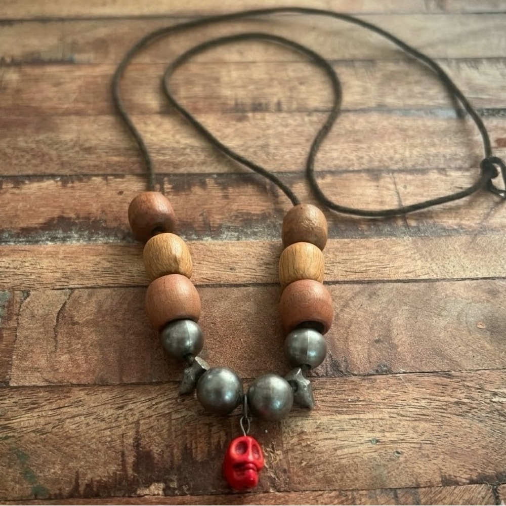 Vintage Eclectic Noir Red Howlite Howling Skull Necklace Metal & Wood Statement